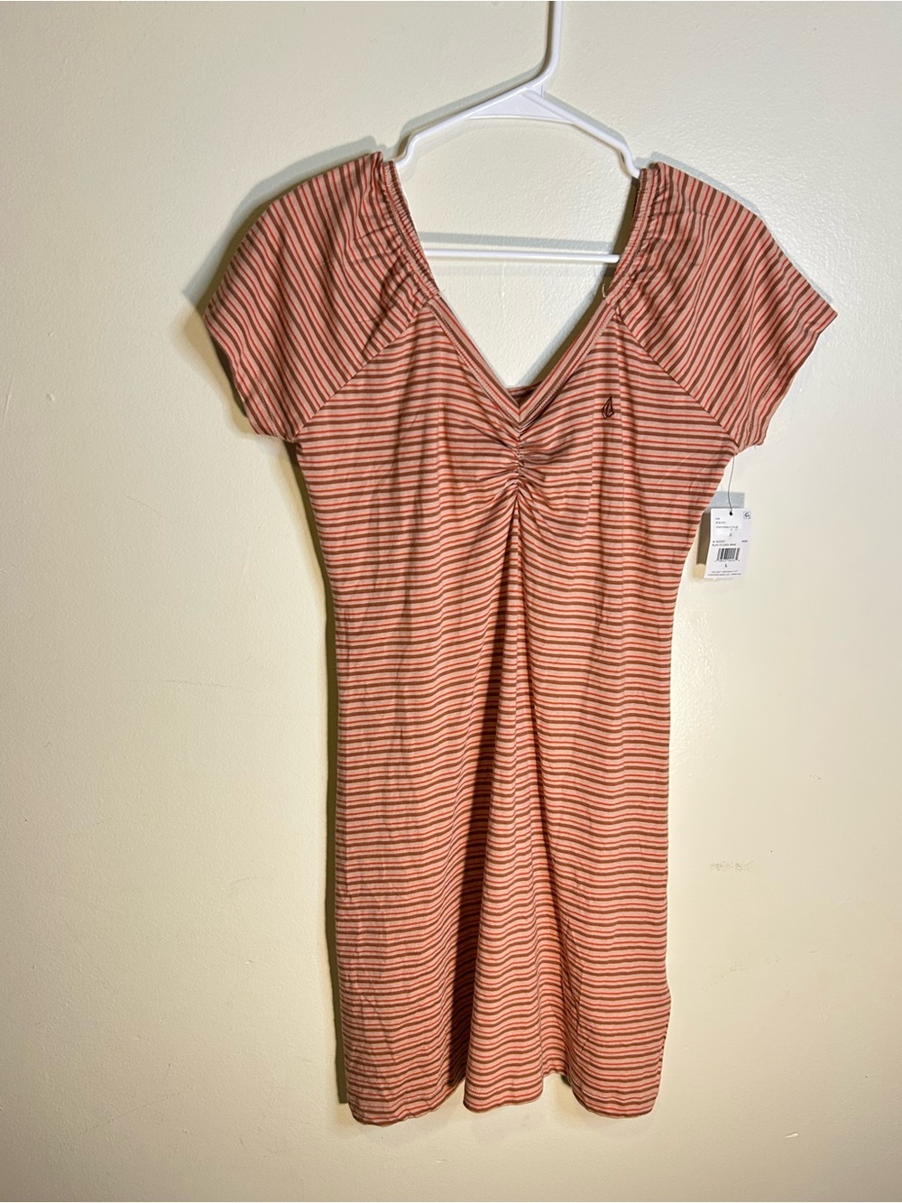 Volcom Coral and Cream Striped V-Neck Mini Dress